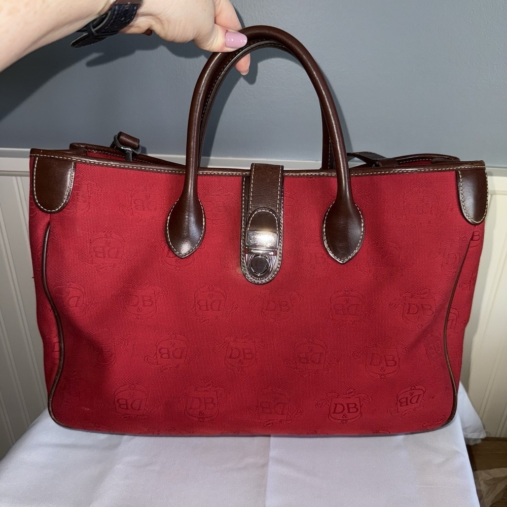 DOONEY & BOURKE Red Canvas & Brown Leather DB Signature Tote Satchel Bag Purse